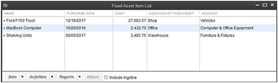 Fixed Assets item list
