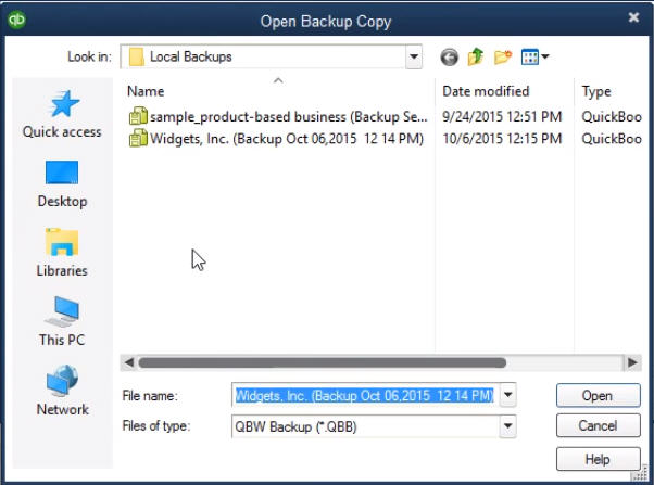 select the backup file from folder and give it a name to restore a quickbooks portable company file