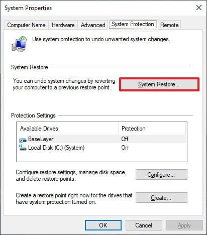 System Restore Point in Windows - Screenshot