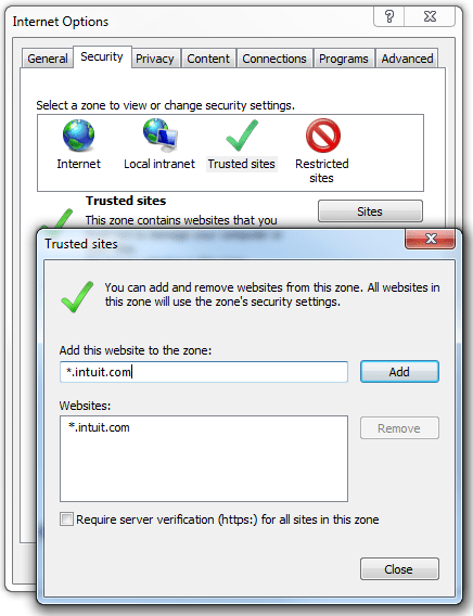 Adding Intuit as trusted site - Screenshot