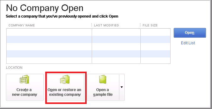Open or restore an existing company - Screenshot
