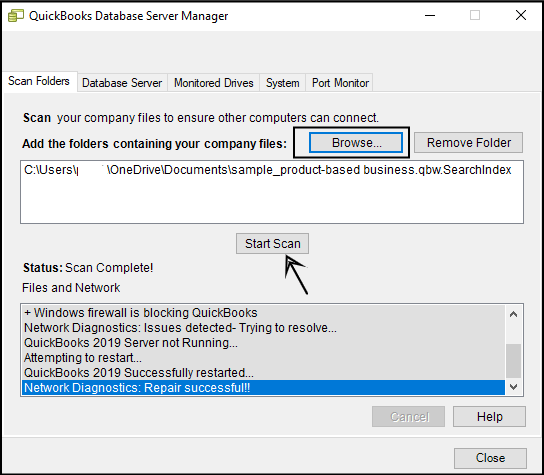 QuickBooks database server manager (Start Scan)