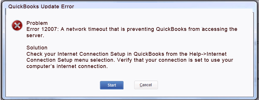 QuickBooks update error 12007 - Screenshot