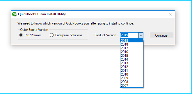 Select QuickBooks version and product version in clean install tool - Screenshot