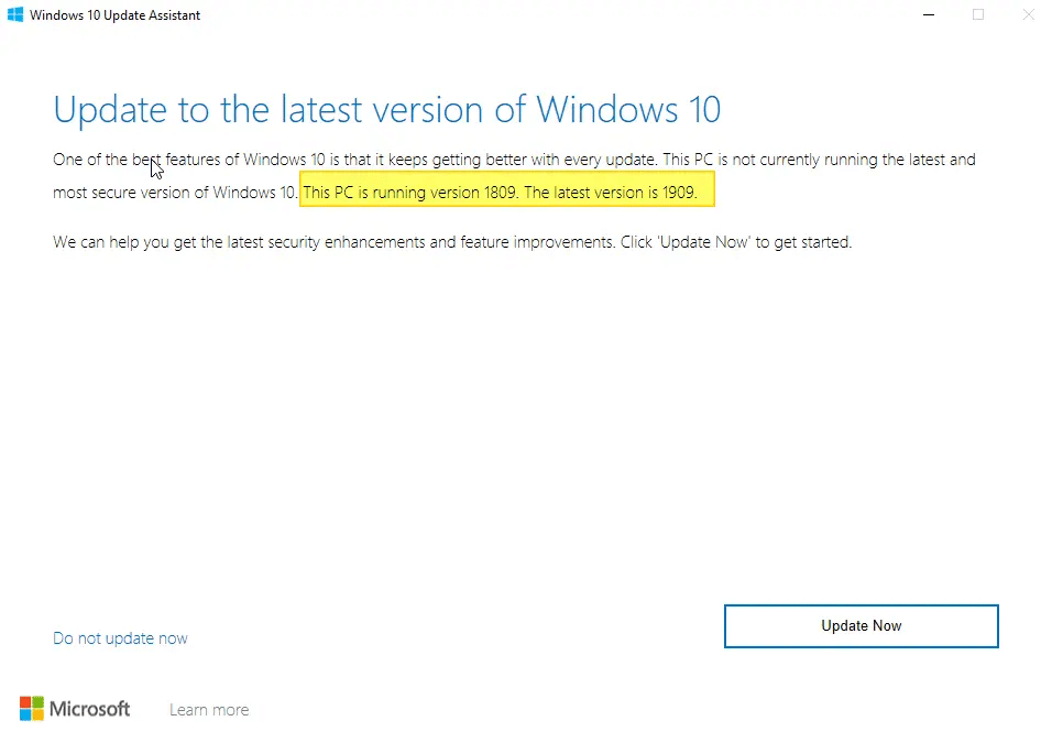 press Update Now button in Windows 10