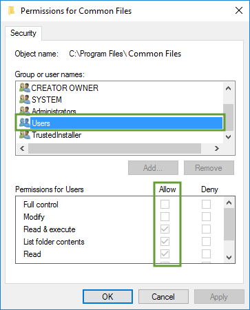 Windows Permissions for Common Files - Screenshot